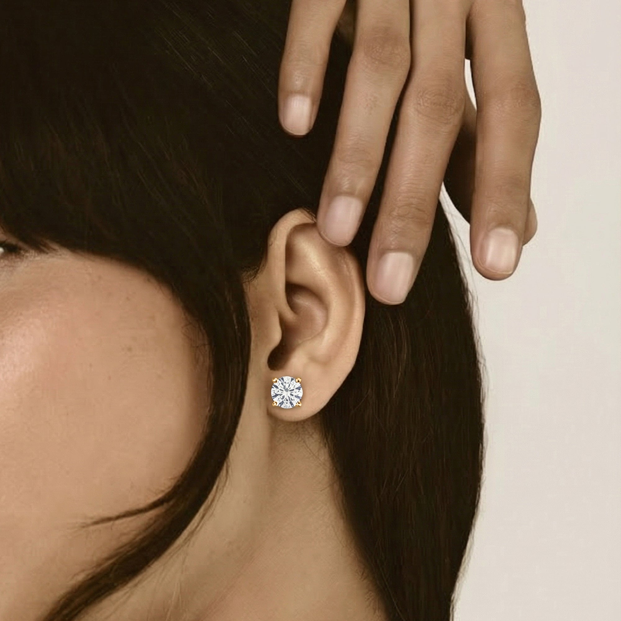 LHUNE Amara Round 4-Prong Diamond Studs Lab-Grown Diamond Earrings - Yellow Gold - Worn View