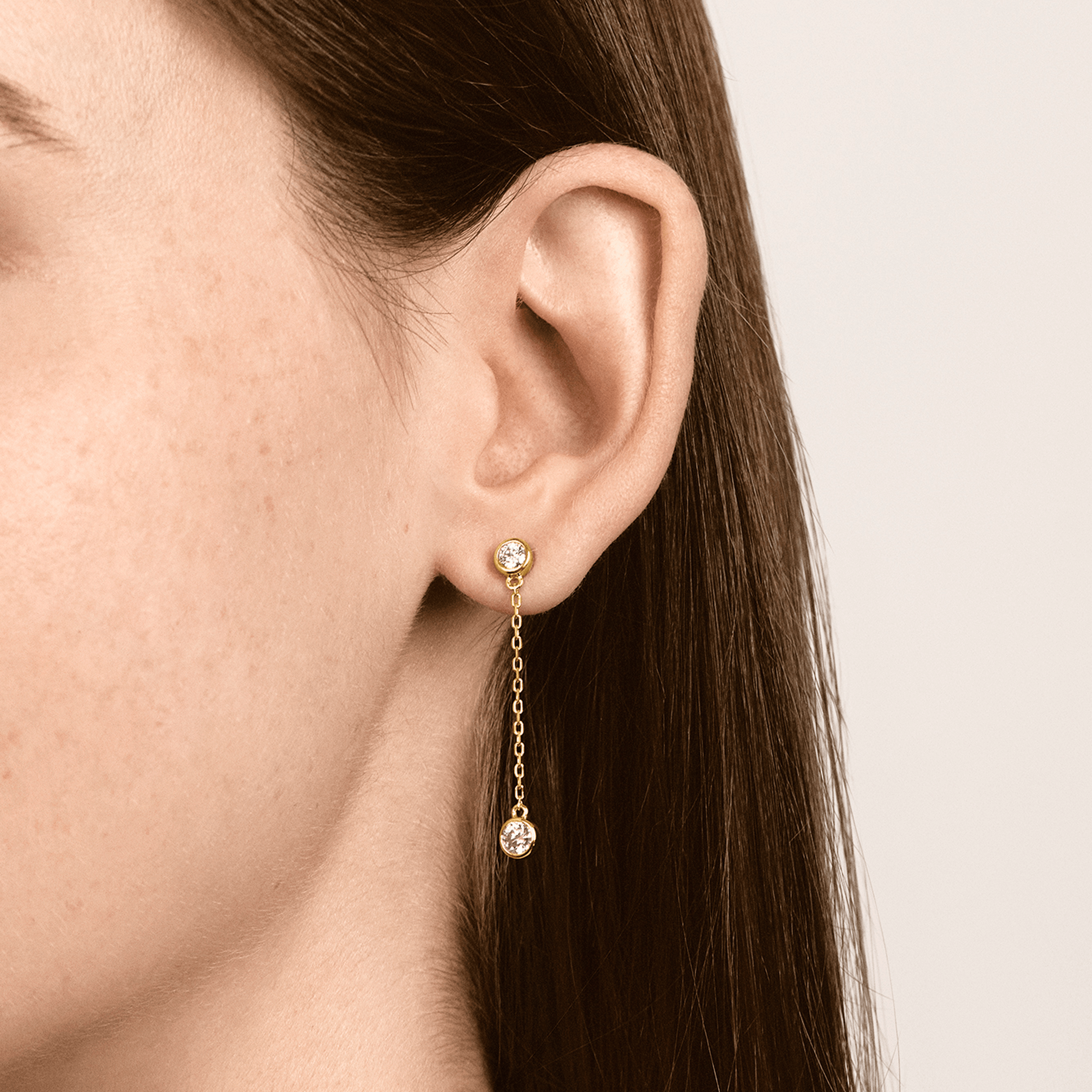 LHUNE Virelle Bezel Chain Drop Earrings Lab-Grown Diamond Earrings - Yellow Gold - Worn View