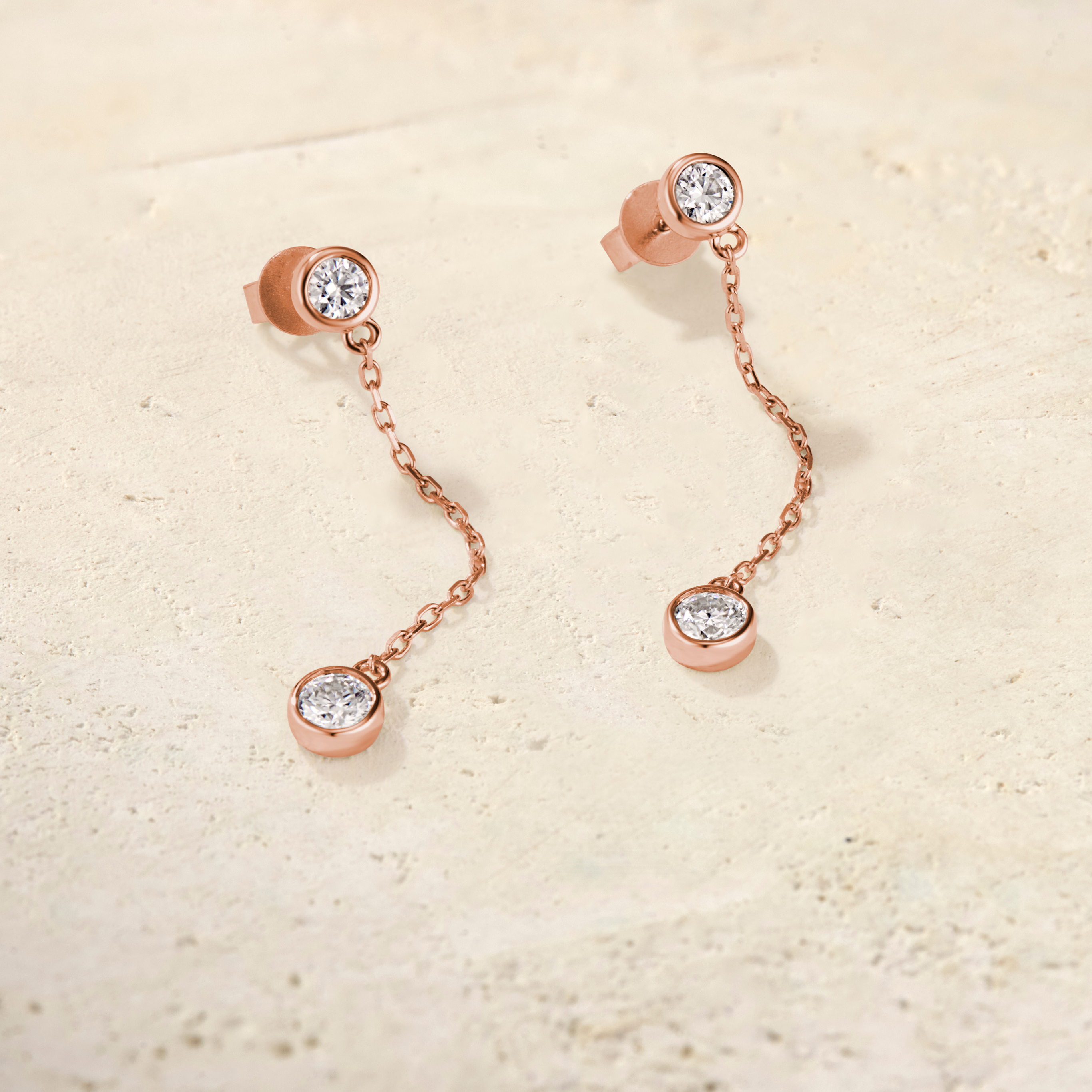LHUNE Virelle Bezel Chain Drop Earrings Lab-Grown Diamond Earrings - Rose Gold - Detail View
