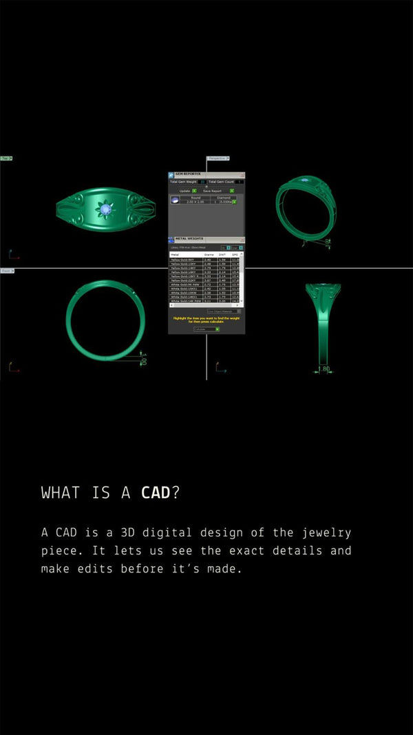 Jewelry design software interface with CAD tools on a black background