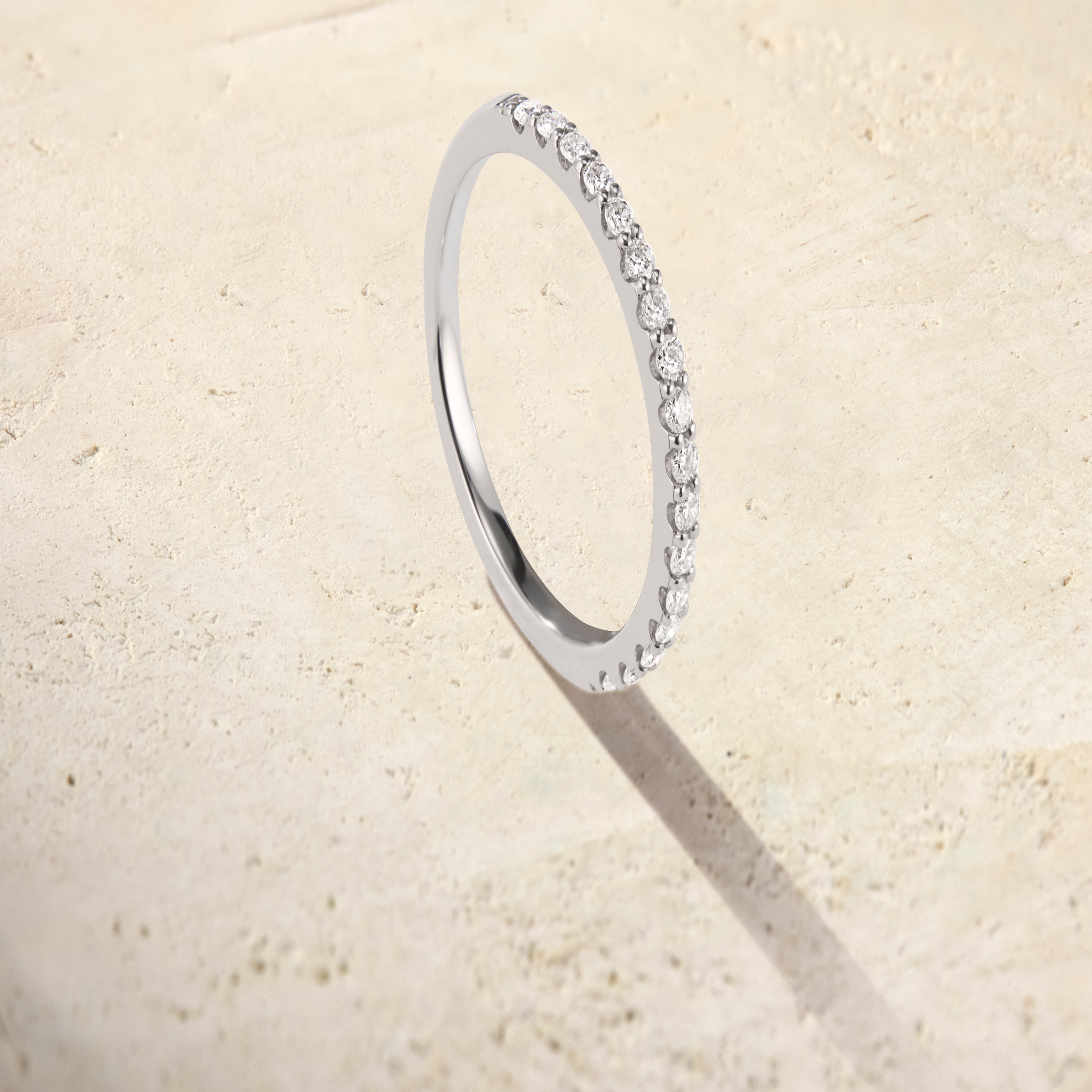LHUNE Ciel Pavé Eternity Ring in white gold, upright angled view showing pavé diamonds on delicate slim band