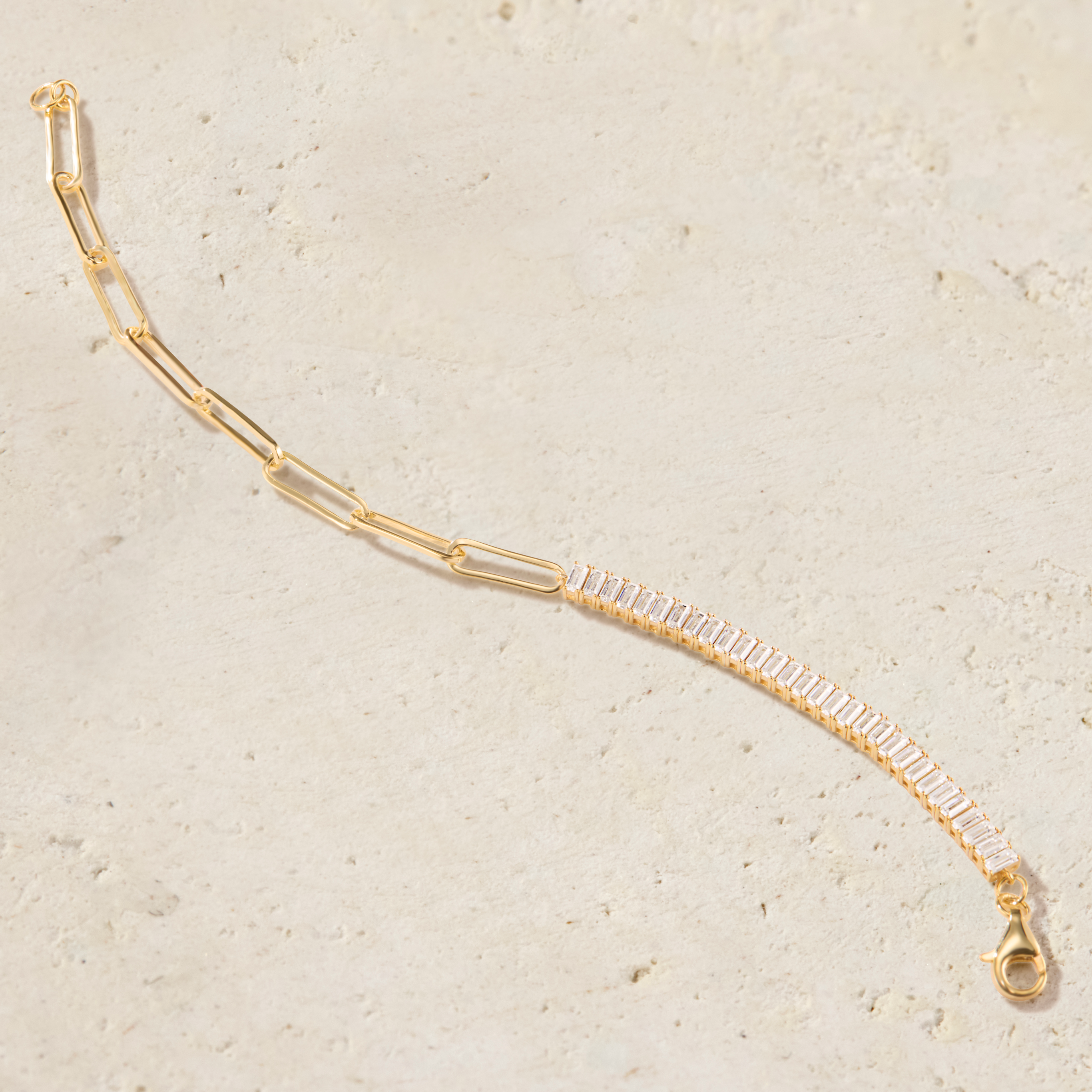 LHUNE Paperclip Baguette Tennis Bracelet in yellow gold, full length laid flat showing baguette half, paperclip links, and lobster clasp